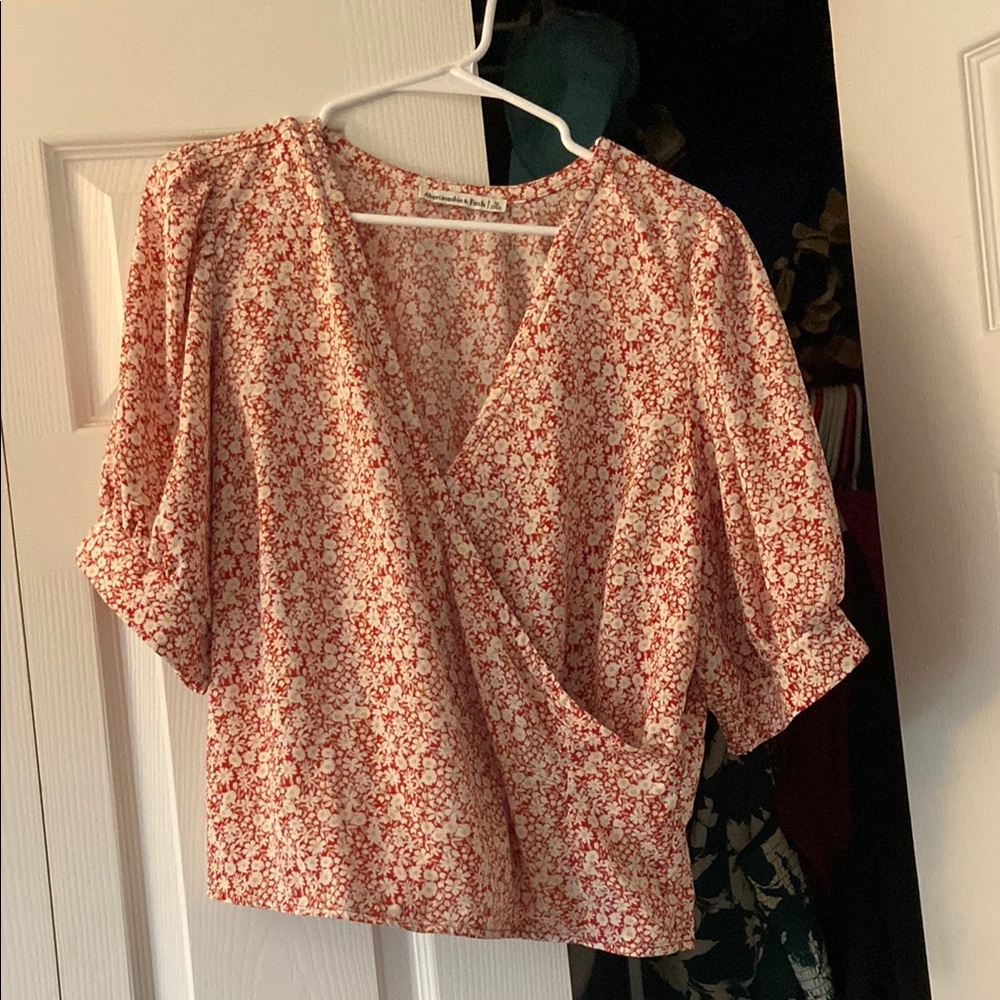 Floral Wrap Top - Red and White